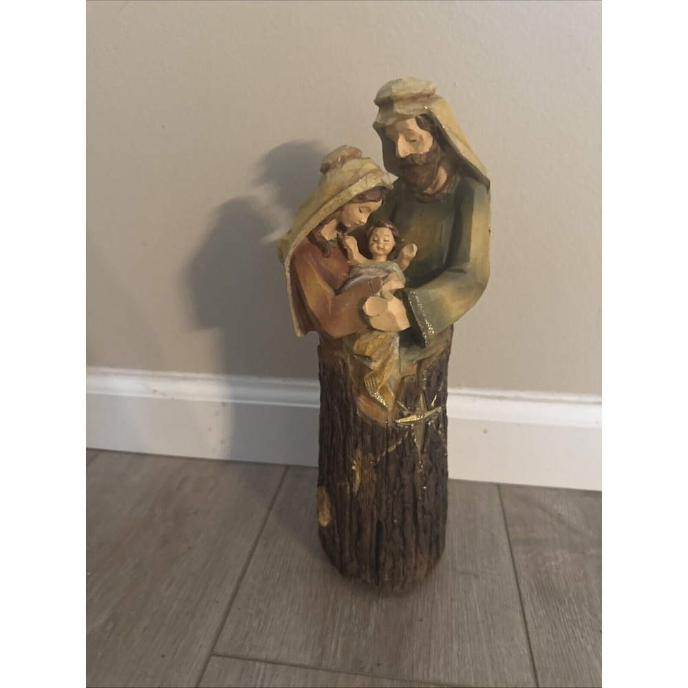 Holy Family Nativity Music Box Resin Wood Carve Look Sankyo Holy Night 12" Works